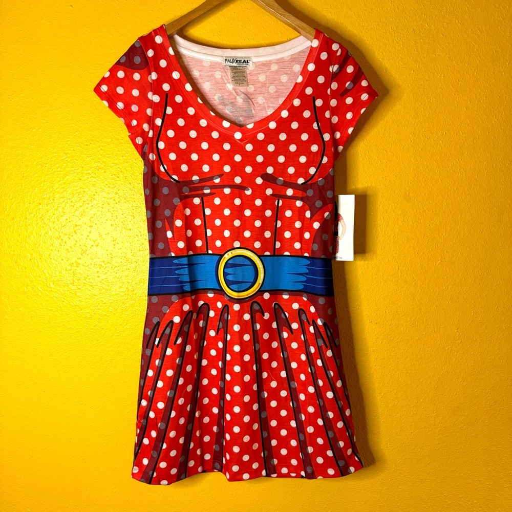 Fauxreal shirt dress. Red with white polka dots.